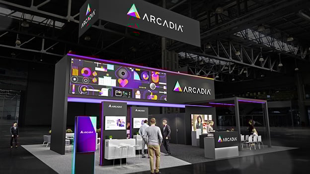 Full booth rendering for Arcadia at HIMSS, featuring LED screen, private meeting areas, and digital-forward trade show design