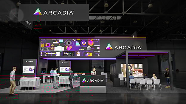 Arcadia’s demo stations at HIMSS, showcasing interactive healthcare software experiences within a custom exhibit.