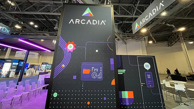 Trade show booth for Arcadia at HIMSS fabricated by Catalyst Exhibits.