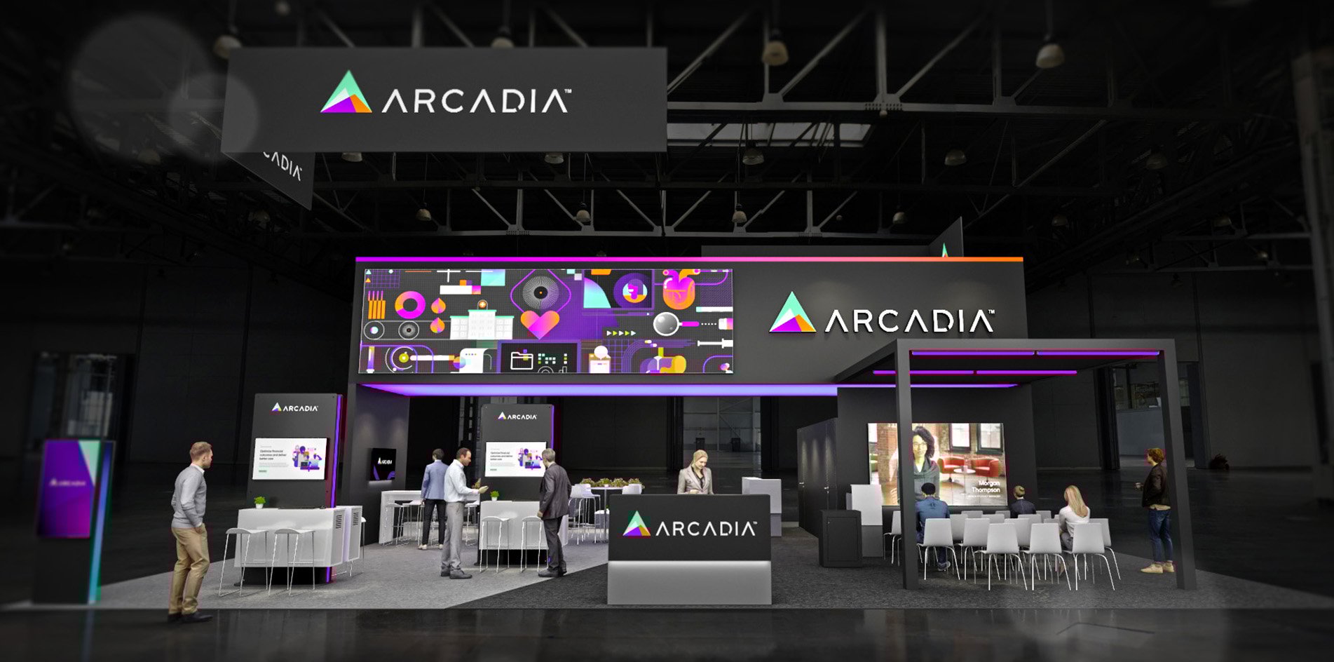 Full view of Arcadia’s custom trade show booth at HIMSS, designed by Catalyst Exhibits to highlight medical practice software and health analytics tools. Full view of Arcadia’s custom trade show booth at HIMSS, designed by Catalyst Exhibits to highlight medical practice software and health analytics tools.