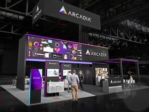 Custom healthcare IT trade show booth designed by Catalyst Exhibits for Arcadia at HIMSS, showcasing medical software and patient engagement technology.
