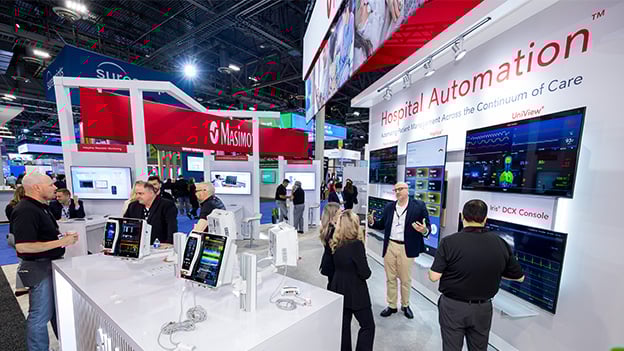 Home Health tech featured in a booth designed by Catalyst Exhibits for Masimo at HIMSS trade show 