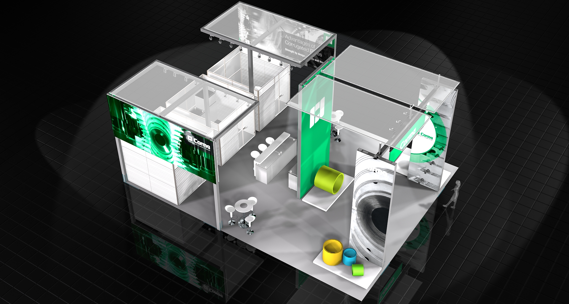 30x40 custom NPE trade show booth for Corma featuring integrated industrial machinery and overhead branding