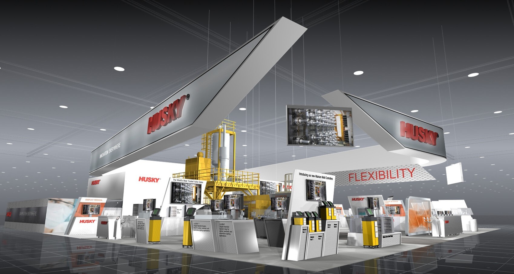Large scale NPE trade show exhibits featuring integrated plastics machinery