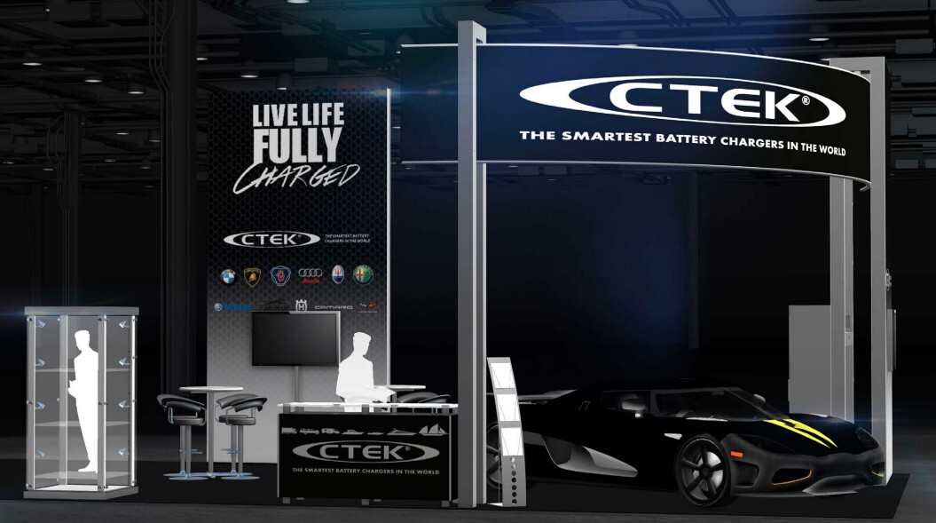 20x30 exhibit design at SEMA showcasing technical demonstrations and modern booth architecture