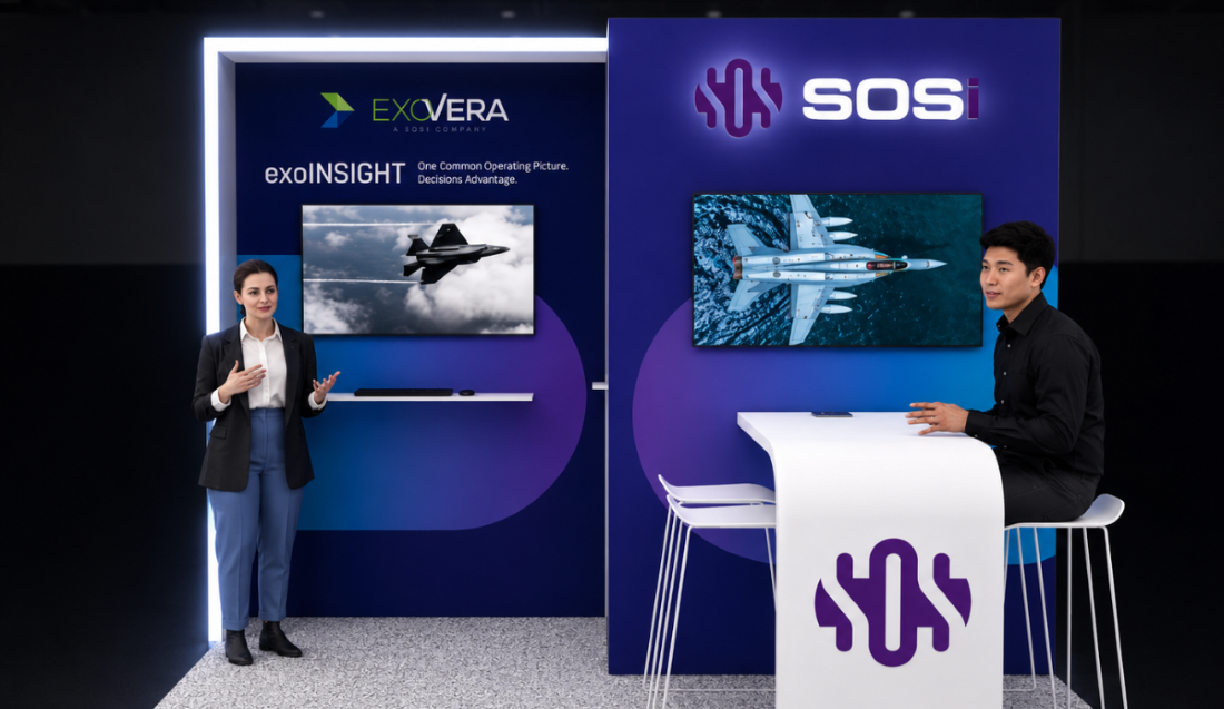 Expandable SOSi trade show exhibit featuring integrated monitors, branded graphics, and reusable exhibit assets