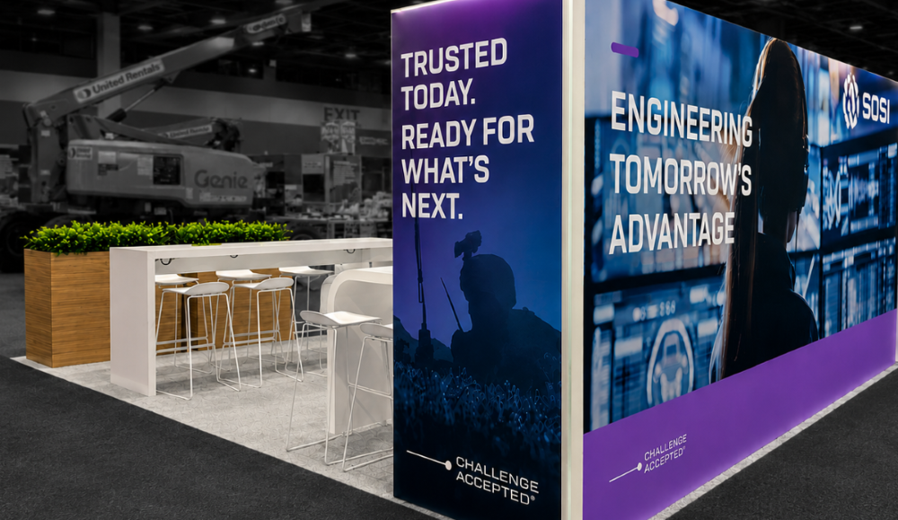 Custom SOSi exhibit graphics and branded messaging designed to create consistent visibility across multiple trade show environments