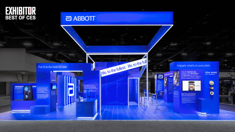 CES exhibit builder showcasing custom industrial trade show booths with cool colors & technology