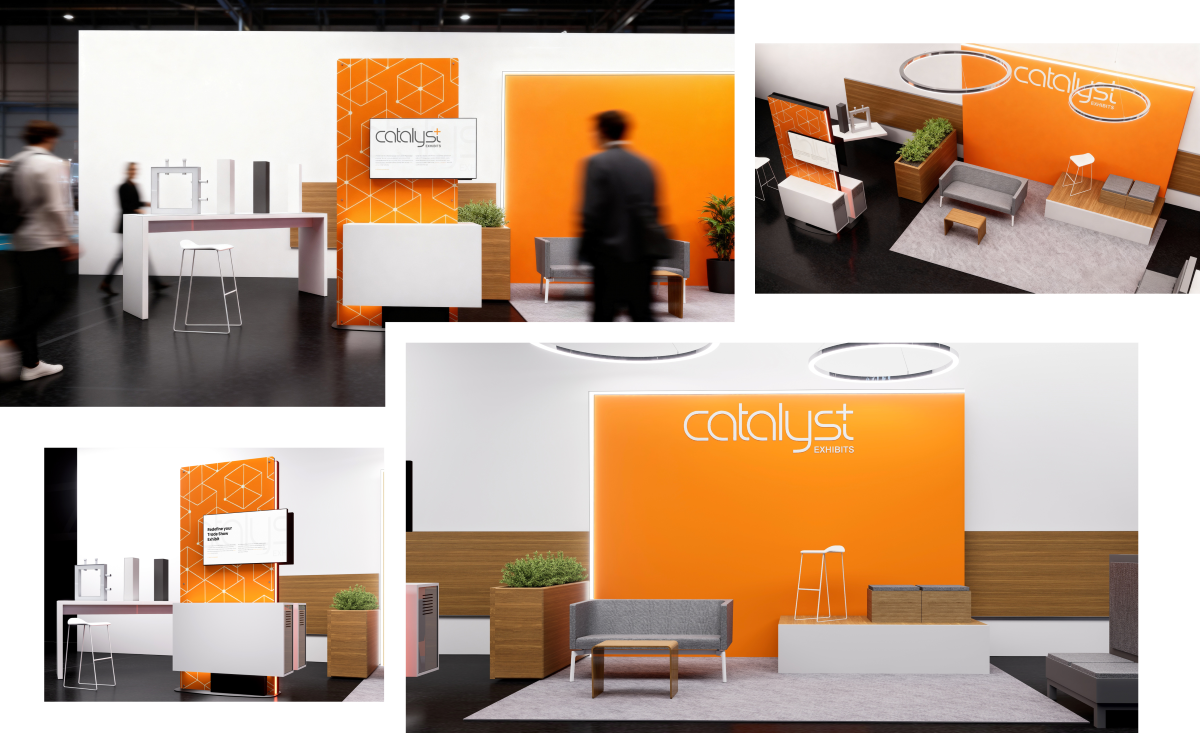 Custom exhibit rental design highlighting Catalyst Exhibits orange and white brand palette