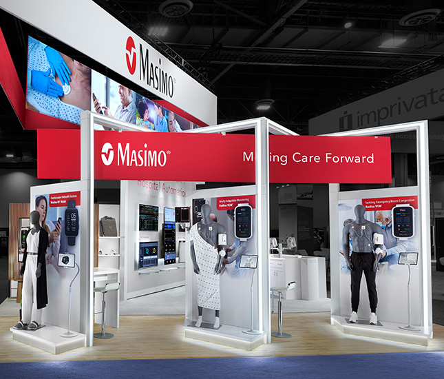 Catalyst Exhibits booth for Masimo displaying medical wearables and smart monitoring tech Catalyst Exhibits booth for Masimo displaying medical wearables and smart monitoring tech